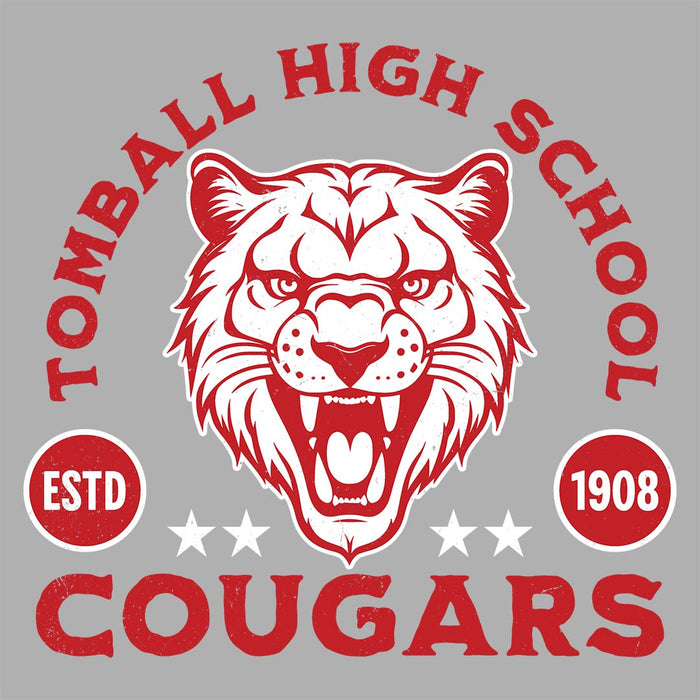 Close-up view of Tomball High School Cougars Unisex 3/4 sleeve Raglan T-shirt 208