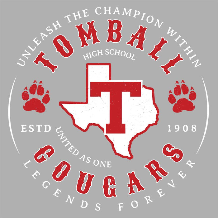 Close-up view of Tomball High School Cougars Unisex 3/4 sleeve Raglan T-shirt 214