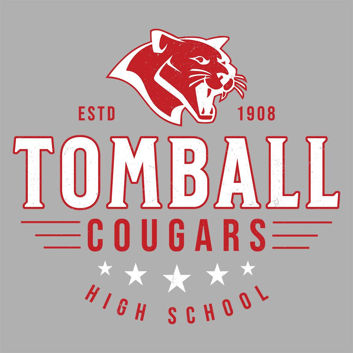 Close-up view of Tomball High School Cougars Unisex 3/4 sleeve Raglan T-shirt 217