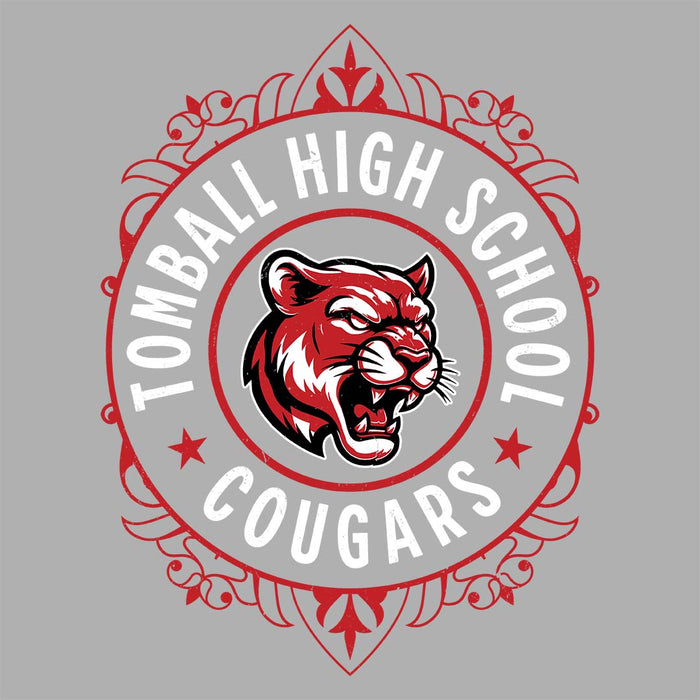 Close-up view of Tomball High School Cougars Unisex 3/4 sleeve Raglan T-shirt 227