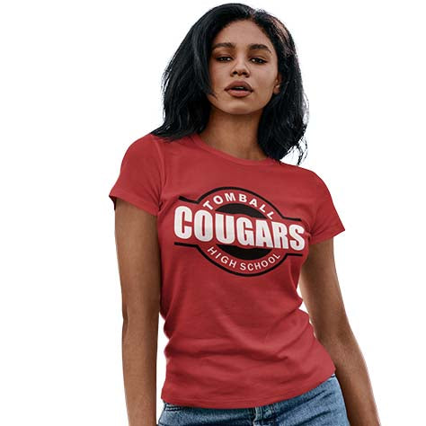 Woman wearing a Tomball High School Cougars Women's Red T-shirt 11