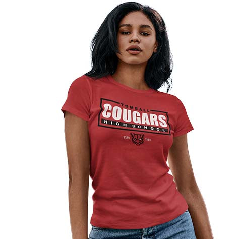 Woman wearing a Tomball High School Cougars Women's Red T-shirt 49