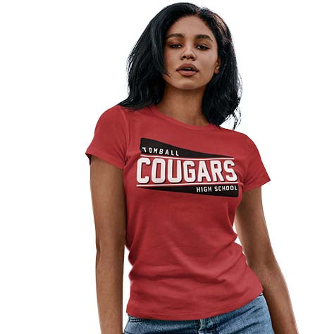 Woman wearing a Tomball High School Cougars Women's Red T-shirt 84