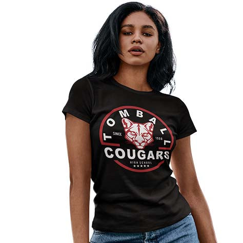 Woman wearing a Tomball High School Cougars Women's Black T-shirt 04