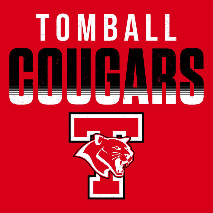 Red graphic with the words 'TOMBALL COUGARS' in large distressed white and black lettering, plus a red cougar mascot logo inside a white block 'T' below. Tomball High School Cougars Classic Unisex Red T-shirt 024