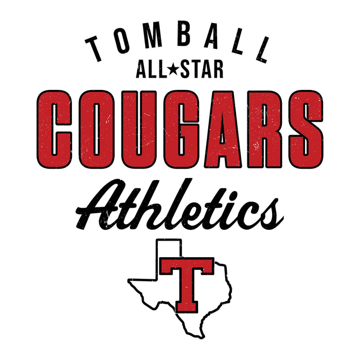 A graphic design featuring the text 'TOMBALL ALL STAR COUGARS Athletics' with a Texas outline and red letter 'T' logo on a white background. 