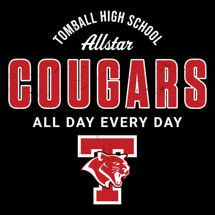 Tomball High School Allstar Cougars graphic on a black background, featuring large distressed red and white 'COUGARS' text, 'ALL DAY EVERY DAY' in white, and a red and white cougar mascot logo below. Tomball High School Cougars Women's Black SoftStyle T-shirt 040