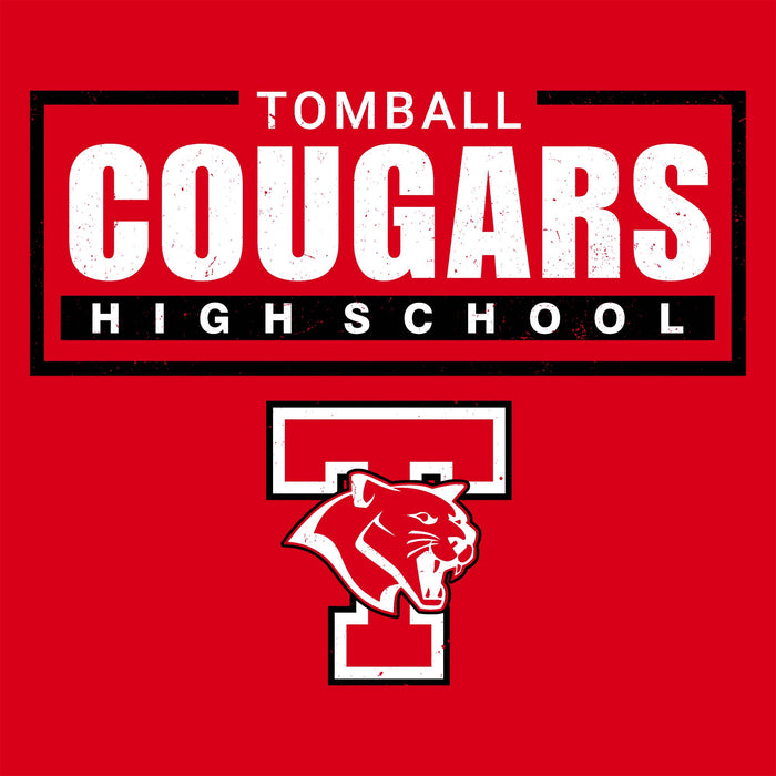 Tomball Cougars High School logo featuring a bold red background, white distressed text reading 'TOMBALL COUGARS HIGH SCHOOL,' and a large red-and-white cougar mascot graphic below. Tomball High School Cougars Classic Unisex Red T-shirt 049