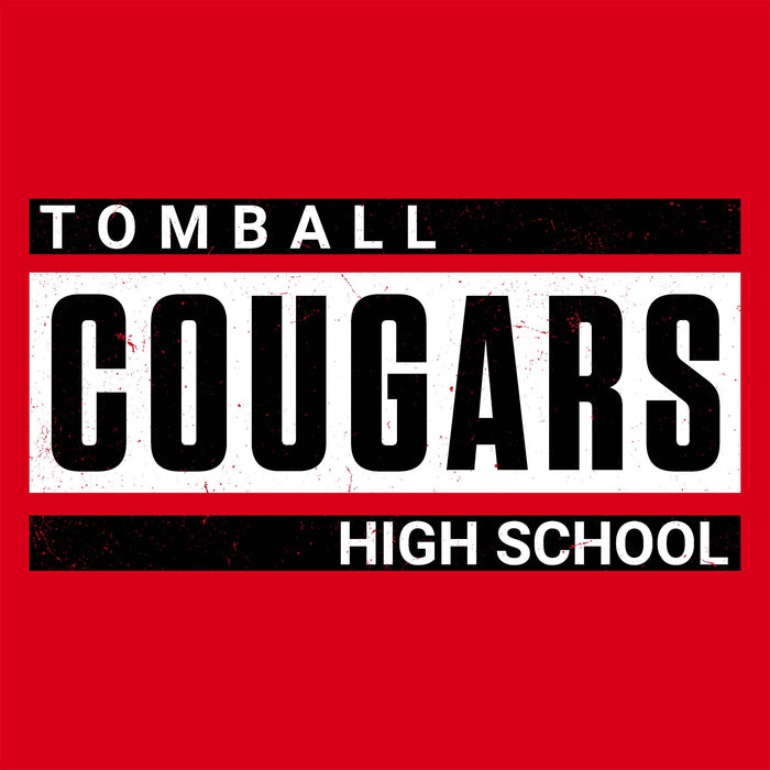 A red square graphic with a distressed black-and-white parental-style label reading 'TOMBALL COUGARS HIGH SCHOOL'. Tomball High School Cougars Classic Unisex Red T-shirt 098
