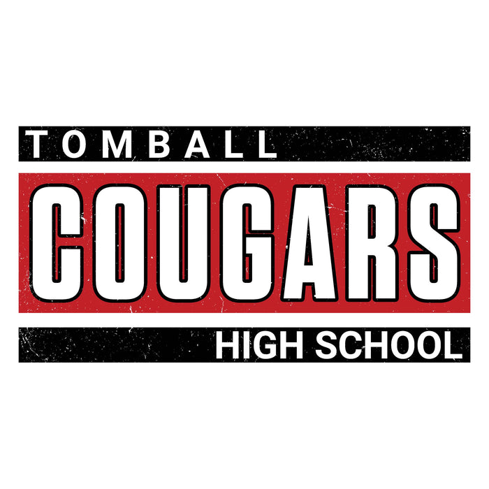 A rectangular school logo or decal reading 'TOMBALL COUGARS HIGH SCHOOL' with bold white lettering on black bars and a red center panel, shown on a plain white background. Tomball High School Cougars Unisex 3/4 sleeve Raglan T-shirt 098