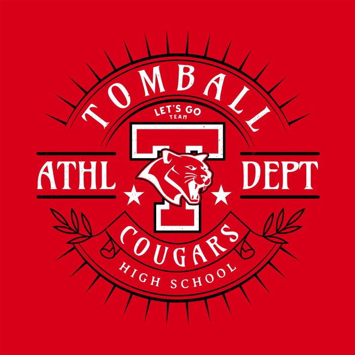 A red and white Tomball High School athletic graphic with a large stylized T logo, a cougar head mascot, and the words 'TOMBALL', 'ATHL DEPT', 'COUGARS', and 'HIGH SCHOOL' arranged in a circular badge design. Tomball High School Cougars Classic Unisex Red T-shirt 201