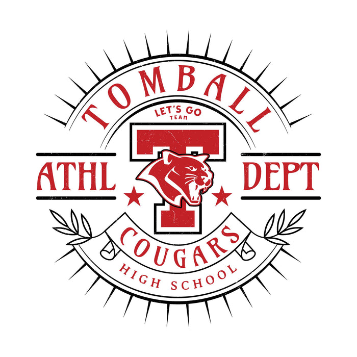 A vintage-style circular graphic with the words 'TOMBALL ATHL DEPT COUGARS HIGH SCHOOL' in red and black, featuring a large red block 'T' and a cougar head mascot in the center on a white background. Tomball High School Cougars Unisex 3/4 sleeve Raglan T-shirt 234