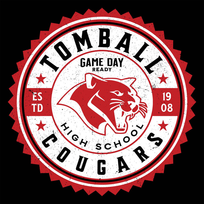 A circular red, white, and black Tomball High School Cougars graphic seal with a cougar head logo and distressed text on a black background. Tomball High School Cougars Women's Black SoftStyle T-shirt 203