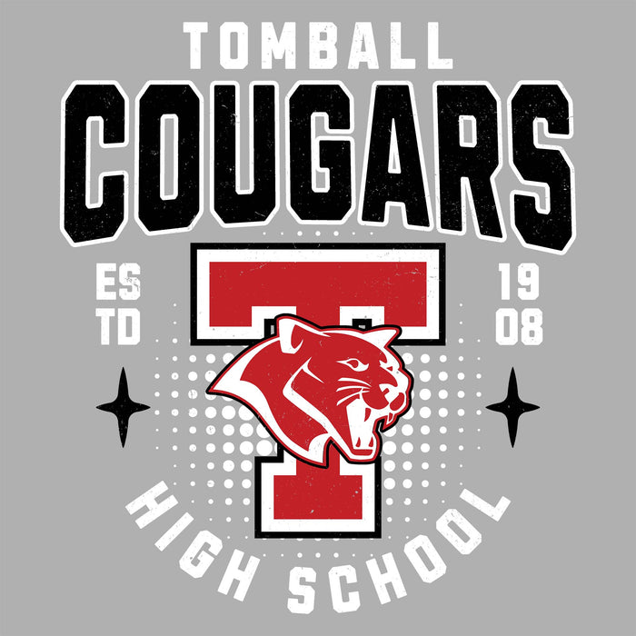 Close-up view of Tomball High School Cougars Unisex 3/4 sleeve Raglan T-shirt 204