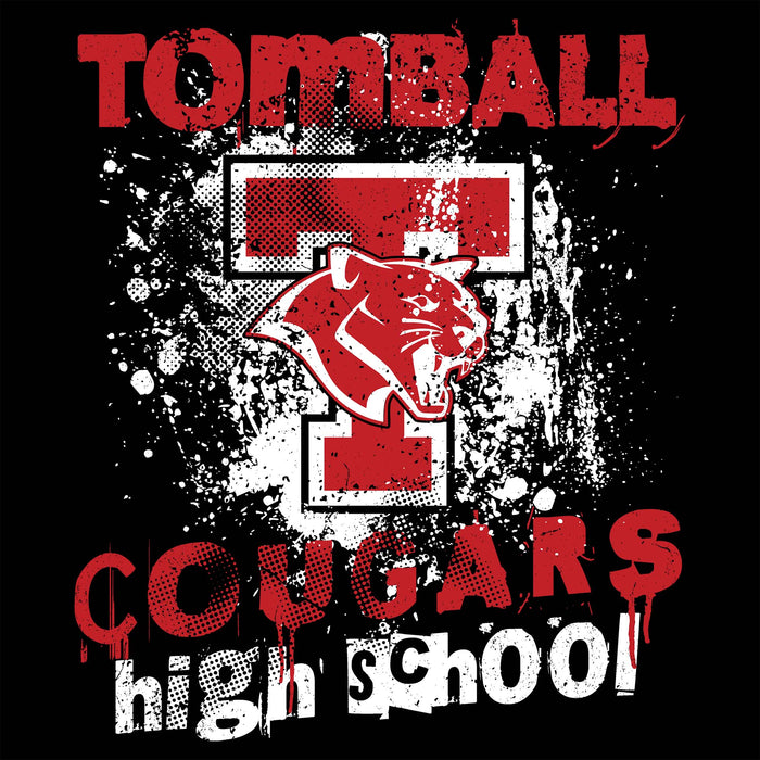 A black graphic print featuring the word 'TOMBALL' in distressed red letters at the top, a large red and white 'T' with a cougar head logo in the center, and 'COUGARS high school' in red and white distressed lettering at the bottom. Tomball High School Cougars Women's Black SoftStyle T-shirt 205