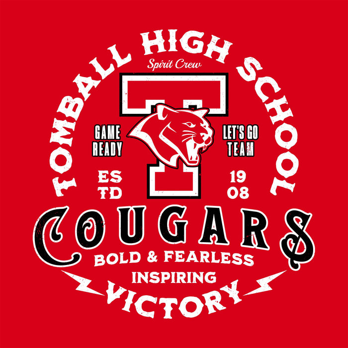 A red graphic design featuring a white and black circular emblem with the text 'TOMBALL HIGH SCHOOL', a large stylized 'T' with a cougar head mascot, and 'COUGARS' in large black script with white outline. Tomball High School Cougars Women's Red SoftStyle T-shirt 206
