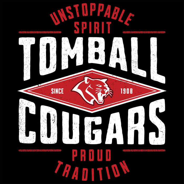 A black square graphic with distressed white and red text reading 'UNSTOPPABLE SPIRIT -  TOMBALL COUGARS - SINCE 1908 - PROUD TRADITION' and a red diamond emblem with a white cougar head. Tomball High School Cougars Women's Black SoftStyle T-shirt 210