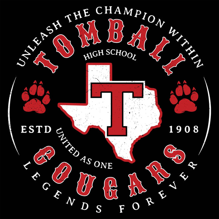 A circular black graphic with distressed red and white text reading 'Unleash the Champion within, Tomball High School' and 'Cougars, Legends Forever,' featuring a white Texas-shaped outline with a red letter T in the center, two red paw prints, and 'Estd 1908', 'United As One.'. Tomball High School Cougars Classic Unisex Black T-shirt 214