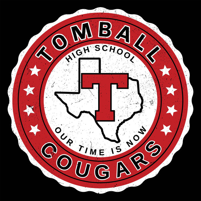 A circular red, white, and black Tomball High School Cougars logo with a distressed texture, featuring the word 'TOMBALL' at the top and 'COUGARS' at the bottom, with 'HIGH SCHOOL' and 'OUR TIME IS NOW' in the center. Tomball High School Cougars Women's Black SoftStyle T-shirt 216