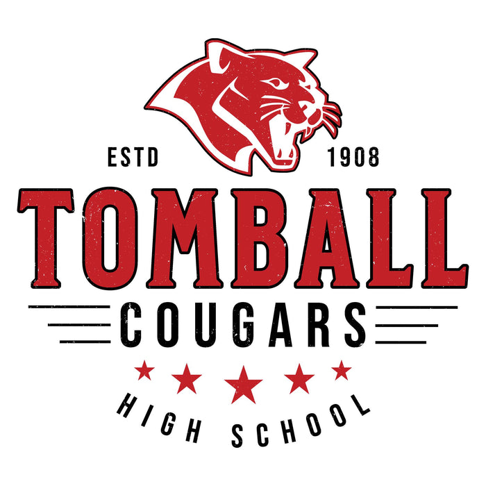 A school logo graphic for Tomball Cougars High School featuring a red panther head mascot, the text 'ESTD 1908', large distressed red 'TOMBALL' lettering, 'COUGARS' in black, and 'HIGH SCHOOL' with red stars below, all on a white background. Tomball High School Cougars Unisex 3/4 sleeve Raglan T-shirt 217