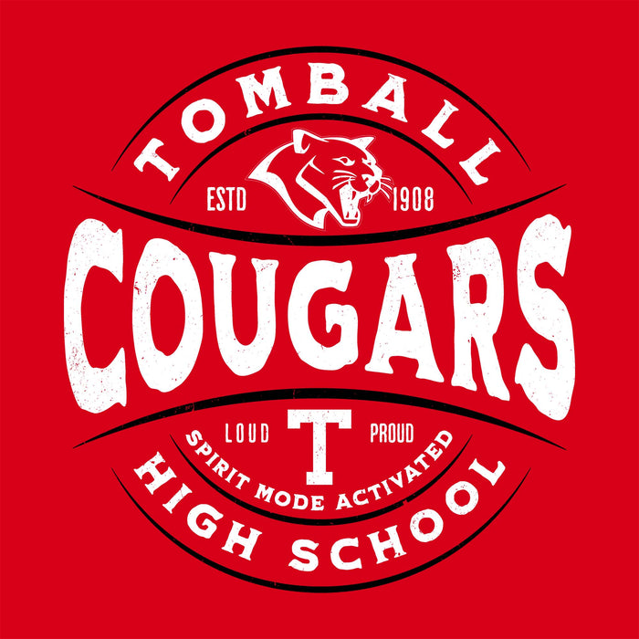 A red graphic design featuring the word 'TOMBALL' at the top, a cougar head mascot logo in the center, and large distressed white text reading 'COUGARS' across the middle, with additional curved text including 'ESTD 1908', 'LOUD T PROUD', and 'HIGH SCHOOL' on a solid red background. Tomball High School Cougars Women's Red SoftStyle T-shirt 218