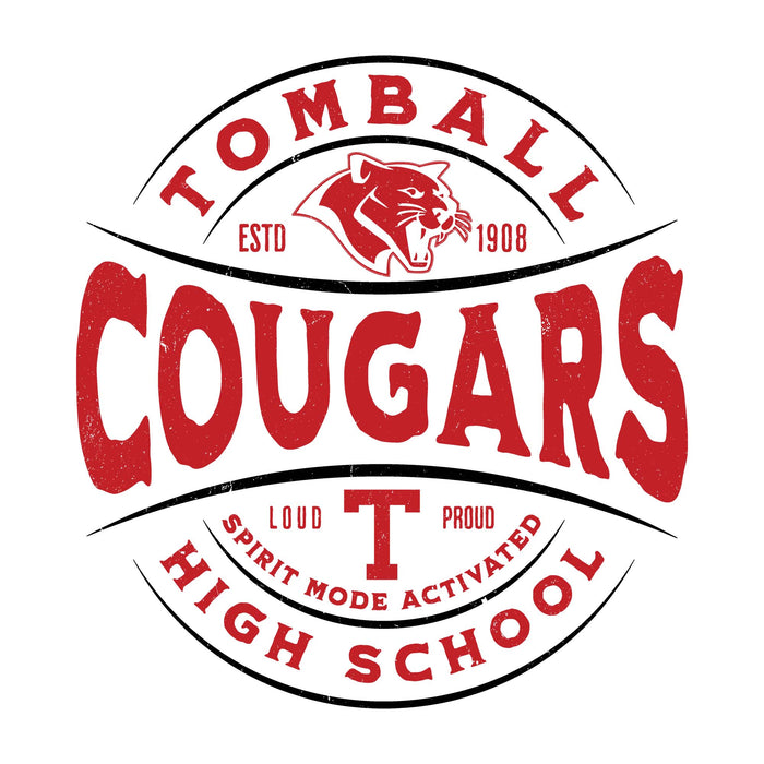 A circular red and black Tomball Cougars high school graphic on a white background, featuring a cougar head mascot and the text 'TOMBALL COUGARS', 'ESTD 1908', 'LOUD and PROUD', and 'SPIRIT MODE ACTIVATED'. Tomball High School Cougars Unisex 3/4 sleeve Raglan T-shirt 218