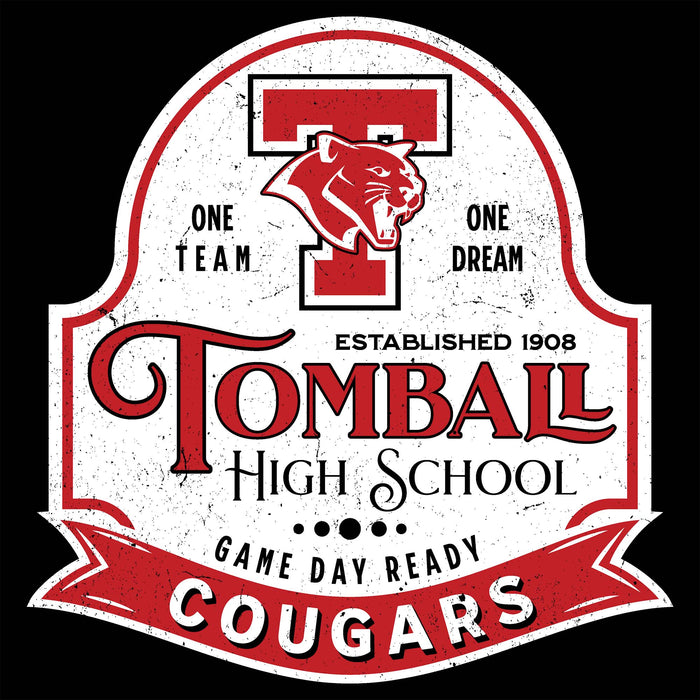 A distressed vintage-style school logo for Tomball High School Cougars, featuring a large red 'T' with a cougar head, the words 'One Team One Dream,' 'Established 1908,' and 'Game Day Ready Cougars' on a black background. Tomball High School Cougars Women's Black SoftStyle T-shirt 219