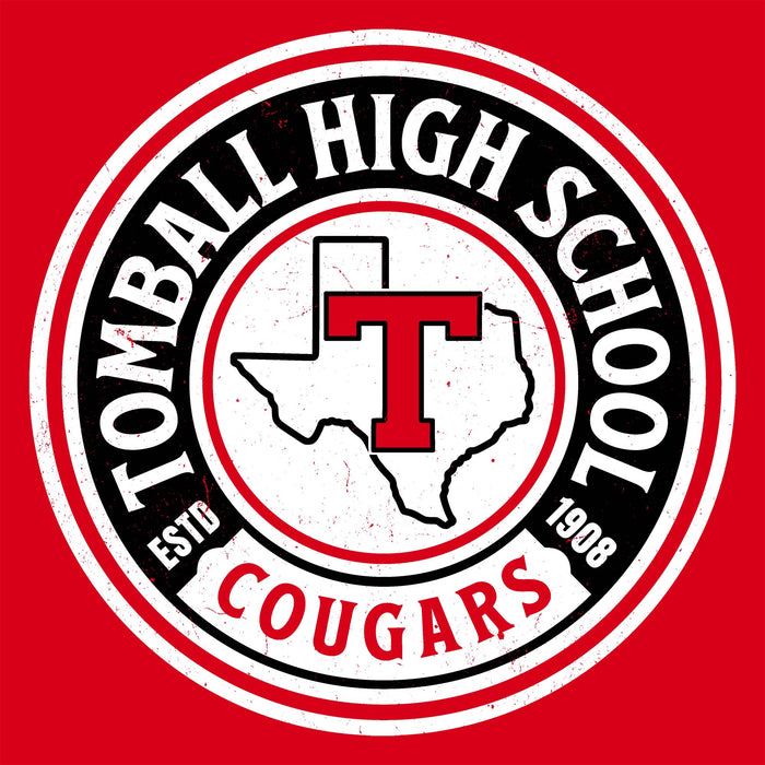 A circular Tomball High School Cougars logo on a solid red background. The emblem features a distressed white, black, and red design with the text 'TOMBALL HIGH SCHOOL', a large red 'T' over a Texas state outline, 'ESTD 1898', and 'COUGARS'. Tomball High School Cougars Classic Unisex Red T-shirt 220