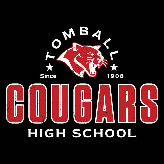 Tomball Cougars High School logo featuring a red cougar head mascot with white details, surrounded by the words 'TOMBALL' and 'HIGH SCHOOL' on a black background. Tomball High School Cougars Women's Black SoftStyle T-shirt 222