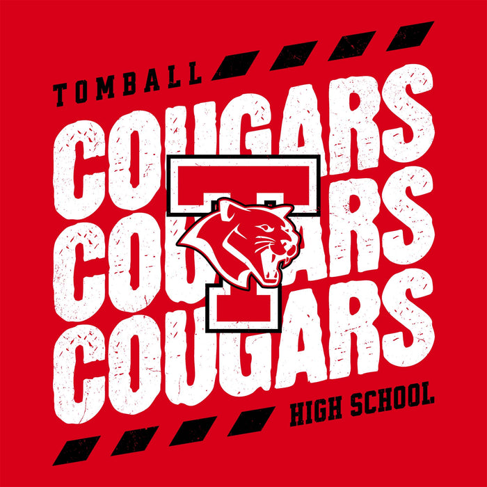 A red graphic design featuring the words 'TOMBALL COUGARS HIGH SCHOOL' with a large stylized 'T' and cougar mascot logo in the center. The text is in distressed white with black accents and black diagonal stripe motifs near the top and bottom. Tomball High School Cougars Classic Unisex Red T-shirt 223