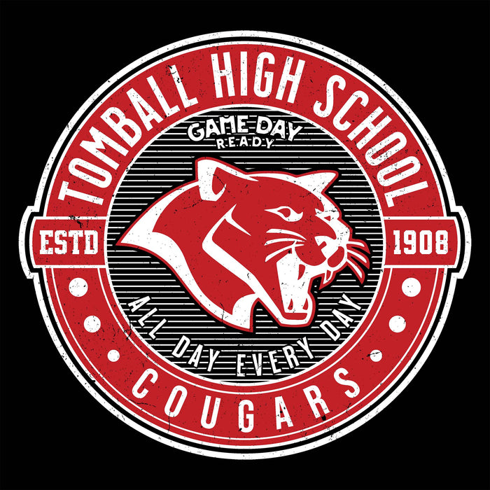 A circular red, white, and black Tomball High School Cougars graphic on a black background, featuring a cougar head emblem and distressed text including 'TOMBALL HIGH SCHOOL', 'COUGARS', 'ESTD 1908', and 'ALL DAY EVERY DAY'. Tomball High School Cougars Women's Black SoftStyle T-shirt 224