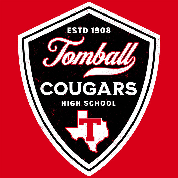 A shield-shaped school logo reading 'Tomball Cougars High School' with 'Estd 1908' at the top and a Texas outline with a 'T' emblem at the bottom, shown on a solid red background. Tomball High School Cougars Classic Unisex Red T-shirt 225