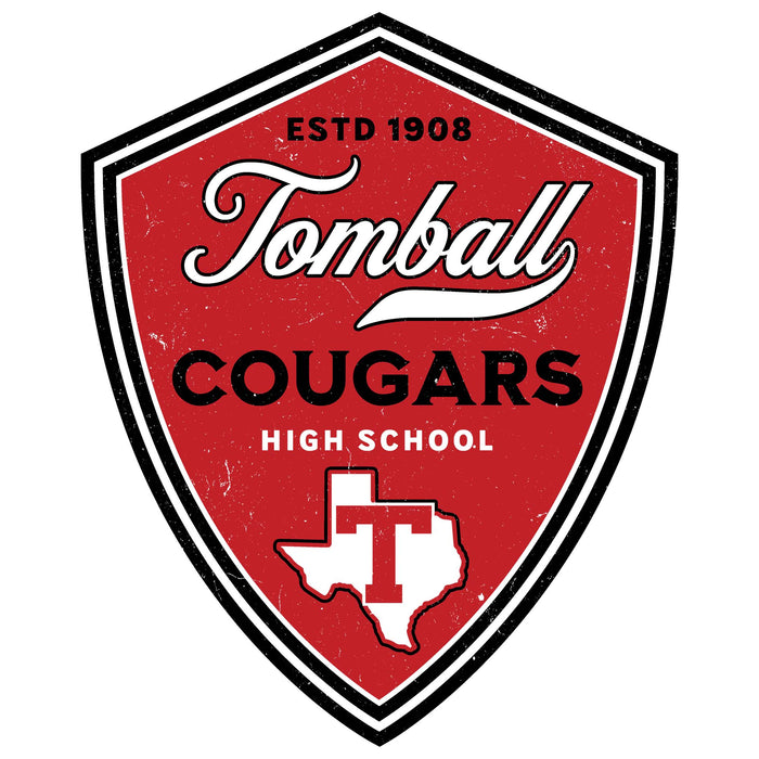 A shield-shaped Tomball Cougars High School logo with a distressed red background, white script and block lettering, black outlines, and a white Texas outline containing a red T, on a white background. Tomball High School Cougars Unisex 3/4 sleeve Raglan T-shirt 225