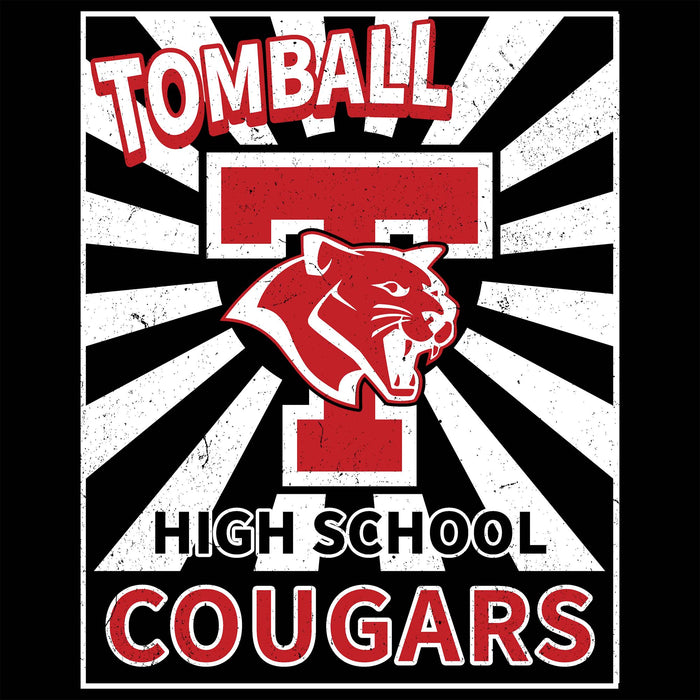 A square graphic design for Tomball High School Cougars, featuring a bold black and white sunburst background with distressed text reading 'TOMBALL HIGH SCHOOL COUGARS' and a red cougar head logo centered over a large red letter T. Tomball High School Cougars Classic Unisex Black T-shirt 226