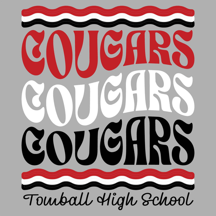 A graphic design featuring the word 'COUGARS' repeated three times in red, white, and black stylized fonts, with red and black wavy stripes above and below, and 'Tomball High School' in black script at the bottom, all on a solid gray background. Tomball High School Cougars Classic Unisex Grey T-shirt 227