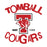 Tomball Cougars logo featuring a large red and black block 'T' with a cougar head mascot, the word 'TOMBALL' above, 'COUGARS' below, and 'SINCE 1908' on a white background. Tomball High School Cougars Unisex 3/4 sleeve Raglan T-shirt 228