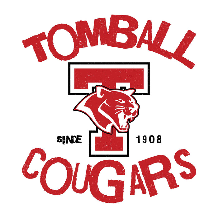 Tomball Cougars logo featuring a large red and black block 'T' with a cougar head mascot, the word 'TOMBALL' above, 'COUGARS' below, and 'SINCE 1908' on a white background. Tomball High School Cougars Unisex 3/4 sleeve Raglan T-shirt 228