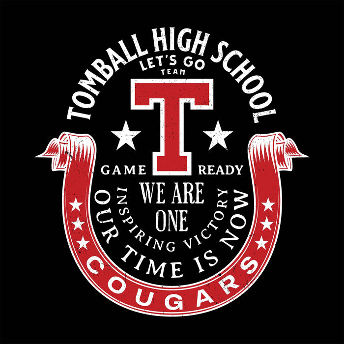 A circular red, white, and black graphic on a black background featuring a large red letter T, the words 'TOMBALL HIGH SCHOOL' and 'LET'S GO TEAN', stars, and the word 'COUGARS' along the bottom curved banner. Tomball High School Cougars Women's Black SoftStyle T-shirt 229