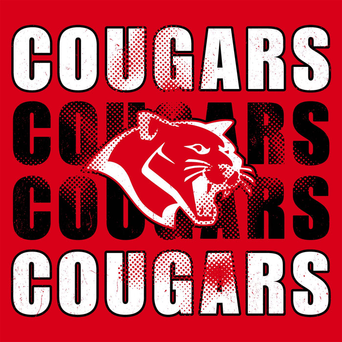 A graphic design featuring the word 'COUGARS' repeated in large distressed white and black block letters on a bright red background, with a red cougar head mascot logo centered between the words. Tomball High School Cougars Women's Red SoftStyle T-shirt 233
