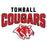 Tomball Cougars logo featuring the word 'TOMBALL' in black block letters above 'COUGARS' in large distressed red varsity-style letters, with a red and white cougar head mascot below on a white background. Tomball High School Cougars Unisex 3/4 sleeve Raglan T-shirt 234