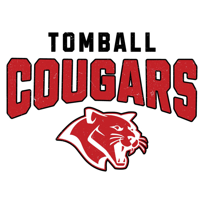 Tomball Cougars logo featuring the word 'TOMBALL' in black block letters above 'COUGARS' in large distressed red varsity-style letters, with a red and white cougar head mascot below on a white background. Tomball High School Cougars Unisex 3/4 sleeve Raglan T-shirt 234