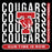 A square graphic design for Tomball High School Cougars, featuring a black background with distressed white 'COUGARS' text repeated vertically, a large red 'T' with a cougar mascot logo in the center, and a red banner at the bottom reading 'OUR TIME IS NOW' with 'TOMBALL HIGH SCHOOL' on the right side. Tomball High School Cougars Women's Black SoftStyle T-shirt 235