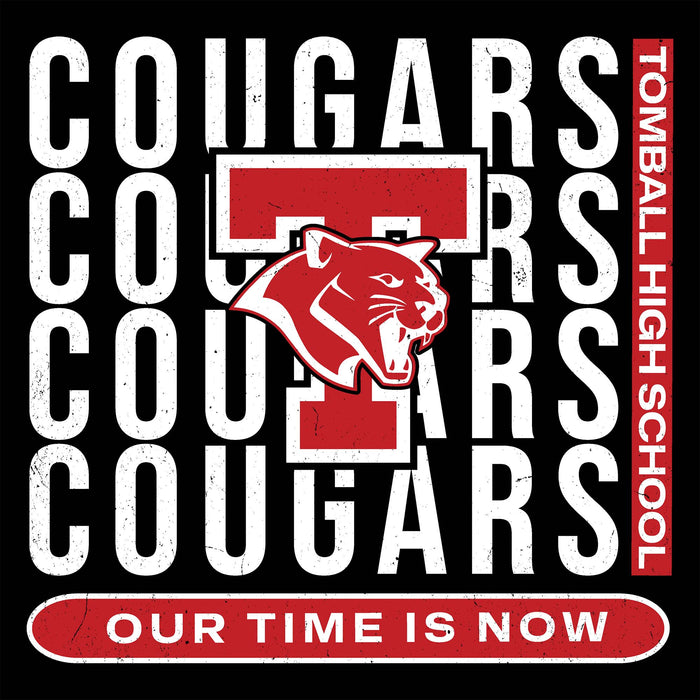 A square graphic design for Tomball High School Cougars, featuring a black background with distressed white 'COUGARS' text repeated vertically, a large red 'T' with a cougar mascot logo in the center, and a red banner at the bottom reading 'OUR TIME IS NOW' with 'TOMBALL HIGH SCHOOL' on the right side. Tomball High School Cougars Classic Unisex Black T-shirt 235