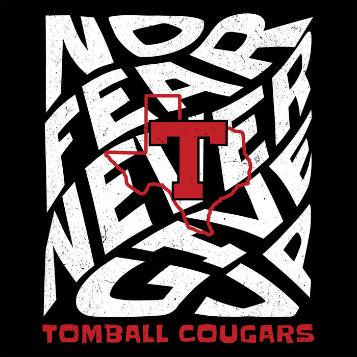 Tomball Cougars graphic design featuring a black background with stylized white text and a red outline of Texas containing a large red letter T. Tomball High School Cougars Women's Black SoftStyle T-shirt 236