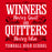 A red square graphic with motivational text reading “WINNERS Never Quit AND QUITTERS Never Win - TOMBALL HIGH SCHOOL” in white and black decorative lettering. Tomball High School Cougars Women's Red SoftStyle T-shirt 237