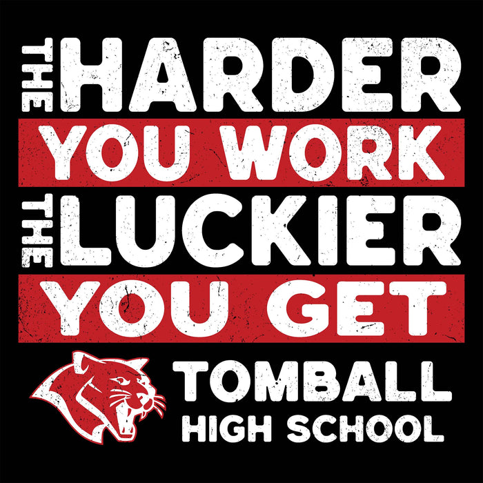 A square graphic design with the motivational phrase 'THE HARDER YOU WORK THE LUCKIER YOU GET  - TOMBALL HIGH SCHOOL' in distressed white text on red and black blocks, plus a red tomahawk mascot logo. Tomball High School Cougars Unisex 3/4 sleeve Raglan T-shirt 238