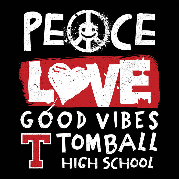 A graphic design on a black background featuring the words 'PEACE', 'LOVE', 'GOOD VIBES', and 'TOMBALL HIGH SCHOOL' in distressed white and red lettering, with a peace sign and heart motif. Tomball High School Cougars Women's Black SoftStyle T-shirt 240