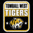 A square graphic design for Tomball West Tigers, featuring a distressed white border, bold black and white text, and a tiger mascot head on a black background with gold accents. Tomball West High School Tigers Black Classic Unisex T-shirt 001