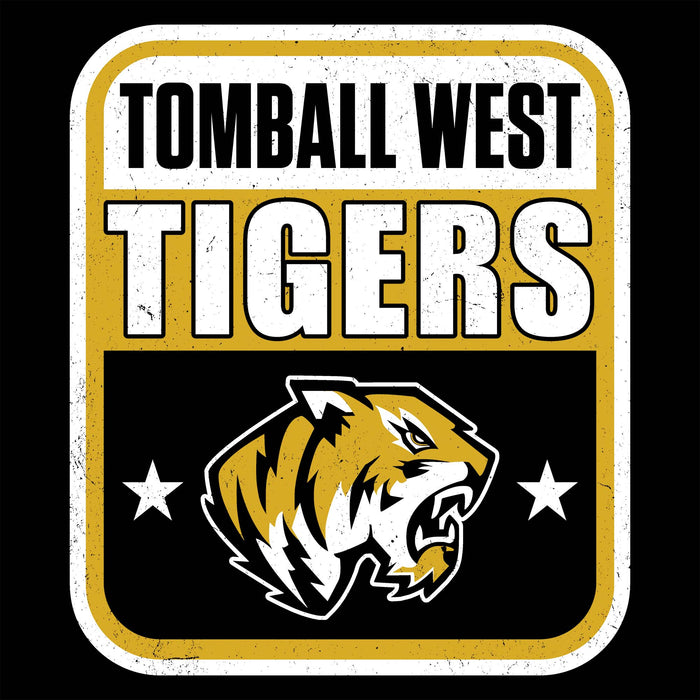 A square graphic design for Tomball West Tigers, featuring a distressed white border, bold black and white text, and a tiger mascot head on a black background with gold accents. Tomball West High School Tigers Black Classic Unisex T-shirt 001