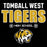 Tomball West Tigers high school graphic on a black background, featuring distressed white and gold lettering with a tiger mascot logo below. Tomball West High School Tigers Women's Black SoftStyle T-shirt 003